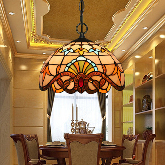 Baroque Stained Glass Pendant Light in Brown for Restaurant Ceiling Decor