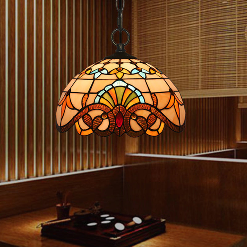 Baroque Stained Glass Pendant Light in Brown for Restaurant Ceiling Decor