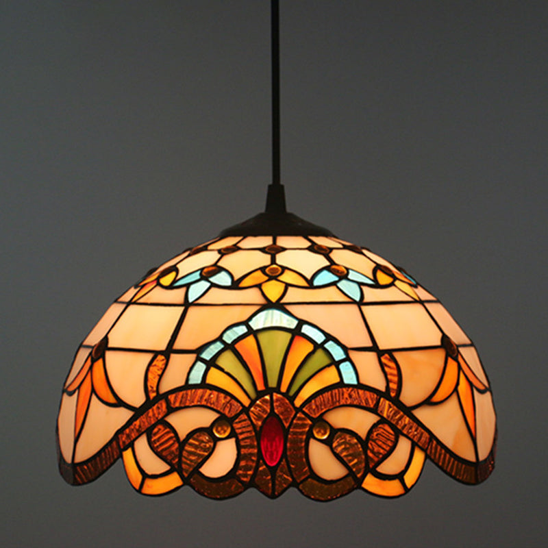 Baroque Stained Glass Pendant Light in Brown for Restaurant Ceiling Decor