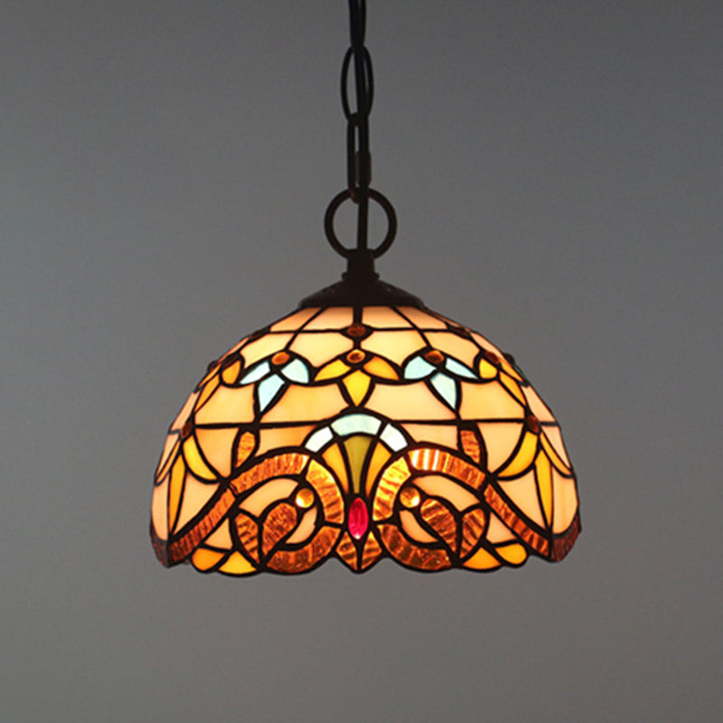 Brown Baroque Stained Glass Pendant Light For Restaurant Ceiling / 8 Chain