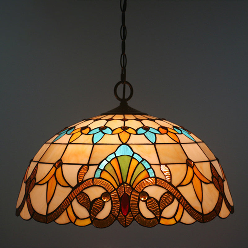 Brown Baroque Stained Glass Pendant Light For Restaurant Ceiling / 19.5 Chain