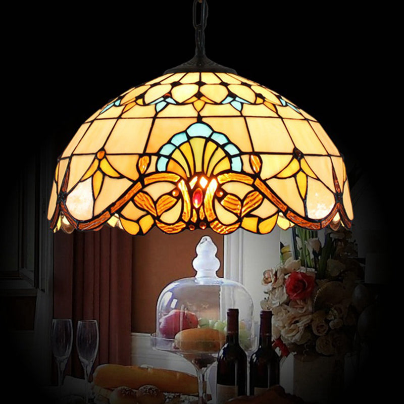 Tiffany 1-Light Beige Stained Glass Dome Pendant – Elegant Suspension Lighting for Dining Room