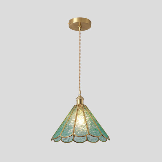 Tiffany Style Glass Pendant Light With Brass Canopy - Suspended Hanging Fixture Blue / Flower