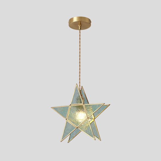 Tiffany Style Glass Pendant Light With Brass Canopy - Suspended Hanging Fixture Blue / Star