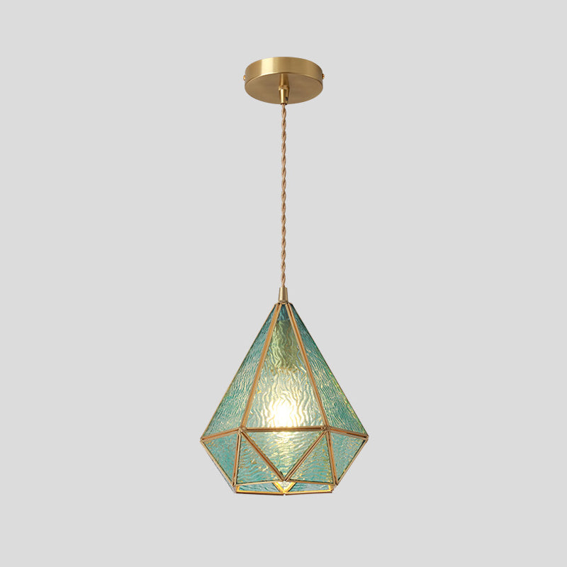 Tiffany Style Glass Pendant Light With Brass Canopy - Suspended Hanging Fixture Blue / Diamond