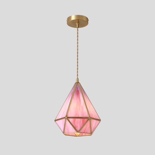 Tiffany Style Glass Pendant Light With Brass Canopy - Suspended Hanging Fixture Pink / Diamond