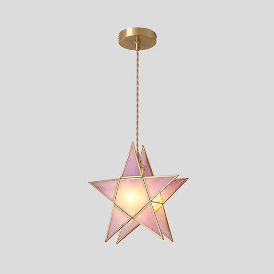 Tiffany Style Glass Pendant Light With Brass Canopy - Suspended Hanging Fixture Pink / Star