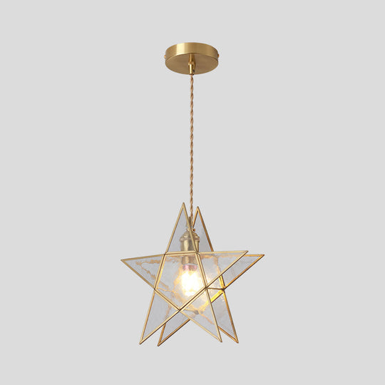 Tiffany Style Glass Pendant Light With Brass Canopy - Suspended Hanging Fixture Clear / Star