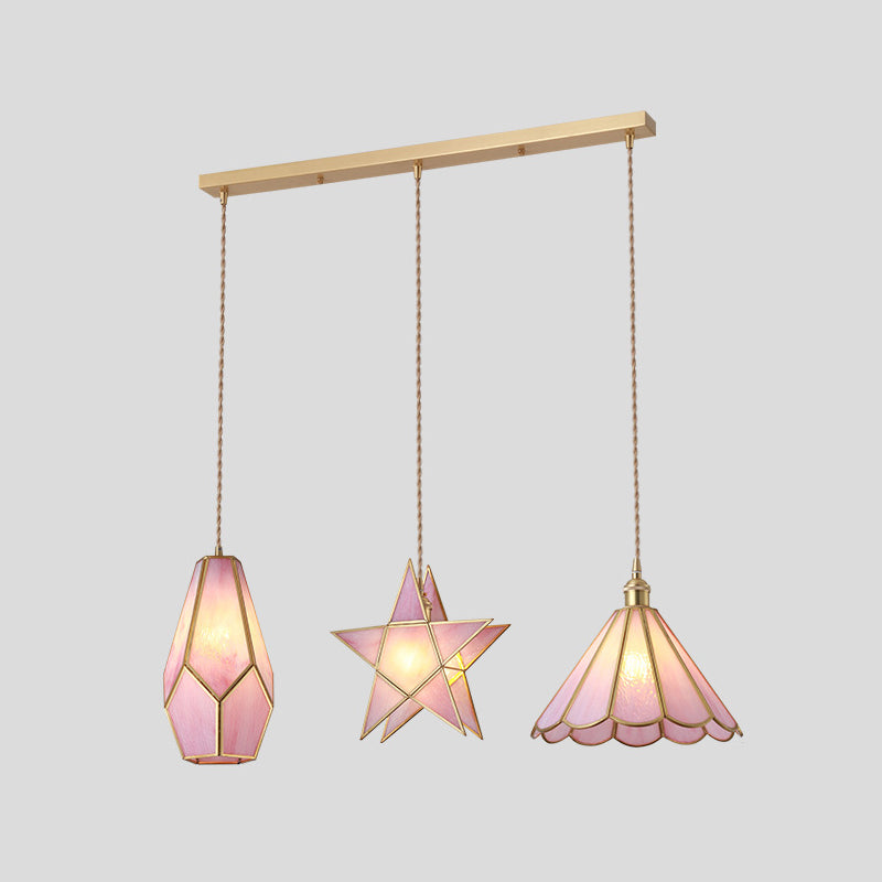 Tiffany Style Glass Pendant Light With Brass Canopy - Suspended Hanging Fixture Pink / Linear