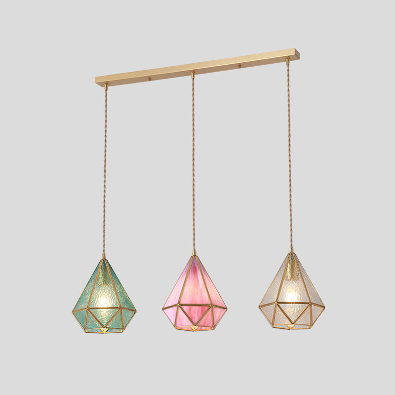 Tiffany Style Glass Pendant Light With Brass Canopy - Suspended Hanging Fixture Blue / Linear