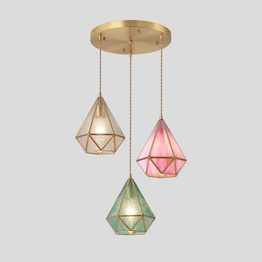 Tiffany Style Glass Pendant Light With Brass Canopy - Suspended Hanging Fixture Blue / Round