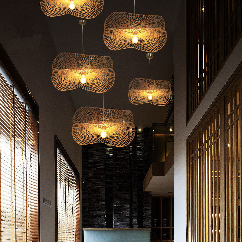 Minimalist Wooden Pendant Lamp With Bamboo Ruffle Shade For Hallways