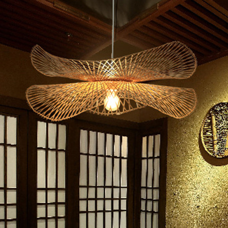 Minimalist Wooden Pendant Lamp With Bamboo Ruffle Shade For Hallways