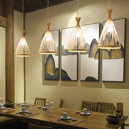 Japanese Style Bamboo Pendant Lamp 1 Head Ceiling Hang Light For Tea Room