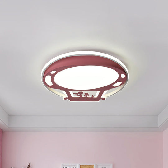 Colorful Cartoon Hot Air Balloon Led Flush Ceiling Light With Metal Shade And Frosted Diffuser Pink