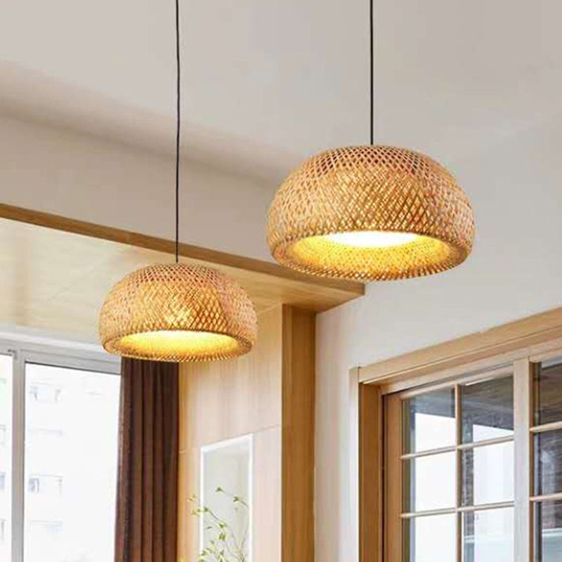 Wooden Pendant Bedside Lamp With Bamboo Shade - Asian Style Drop Light