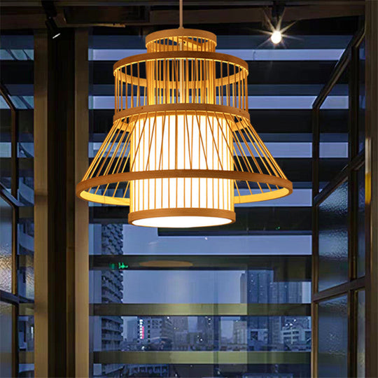 Nordic Bamboo Pendant Light Fixture - Wood Flared Design For Diners