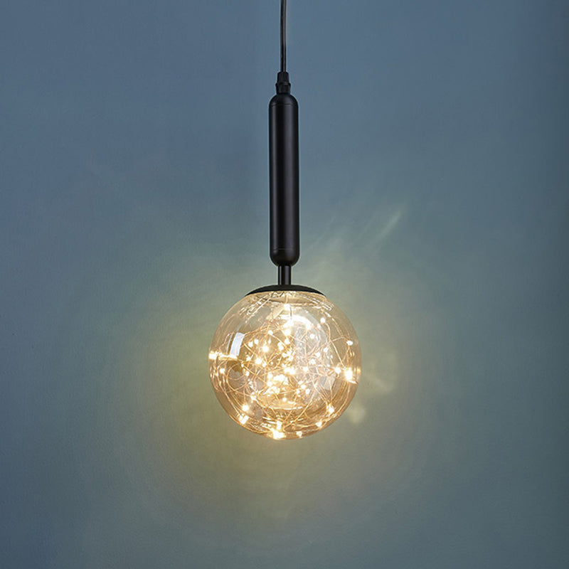 Amber Glass Ball Pendulum Light - Nordic Style LED Hanging Pendant