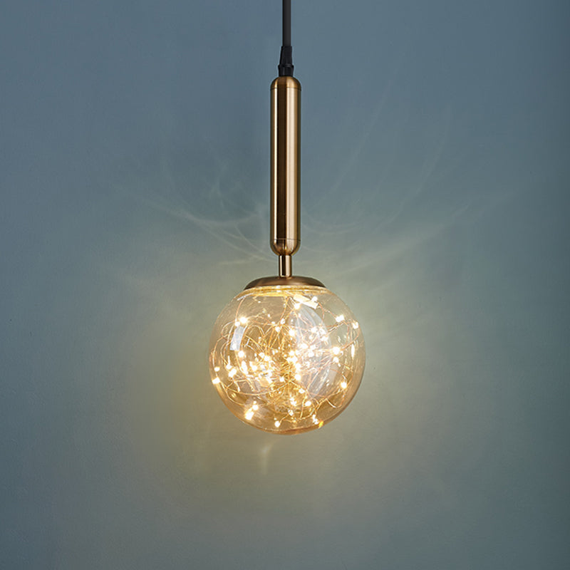 Amber Glass Ball Pendulum Light - Nordic Style LED Hanging Pendant