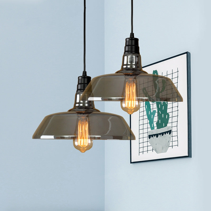 Industrial Smoke Grey Glass Pendant Light - Barn Shaped Diner Suspension Lighting with 1 Bulb