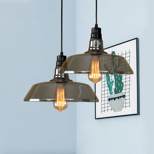 Industrial Black Barn Shaped Pendant Light With Smoke Grey Glass - Diner Suspension Lighting