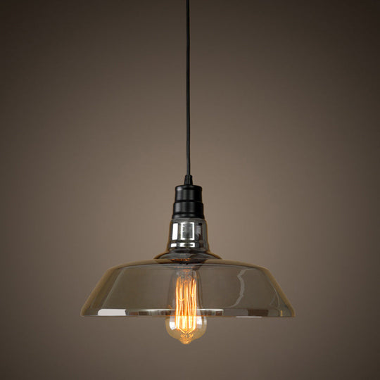 Industrial Smoke Grey Glass Pendant Light - Barn Shaped Diner Suspension Lighting with 1 Bulb