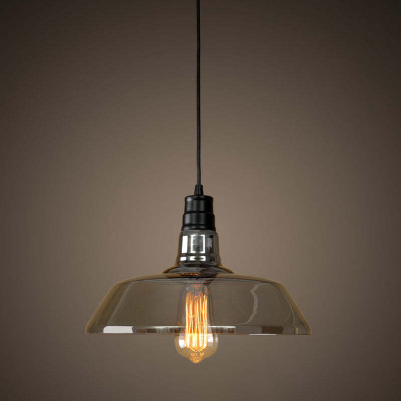 Industrial Black Barn Shaped Pendant Light With Smoke Grey Glass - Diner Suspension Lighting Gray