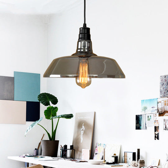 Industrial Black Barn Shaped Pendant Light With Smoke Grey Glass - Diner Suspension Lighting