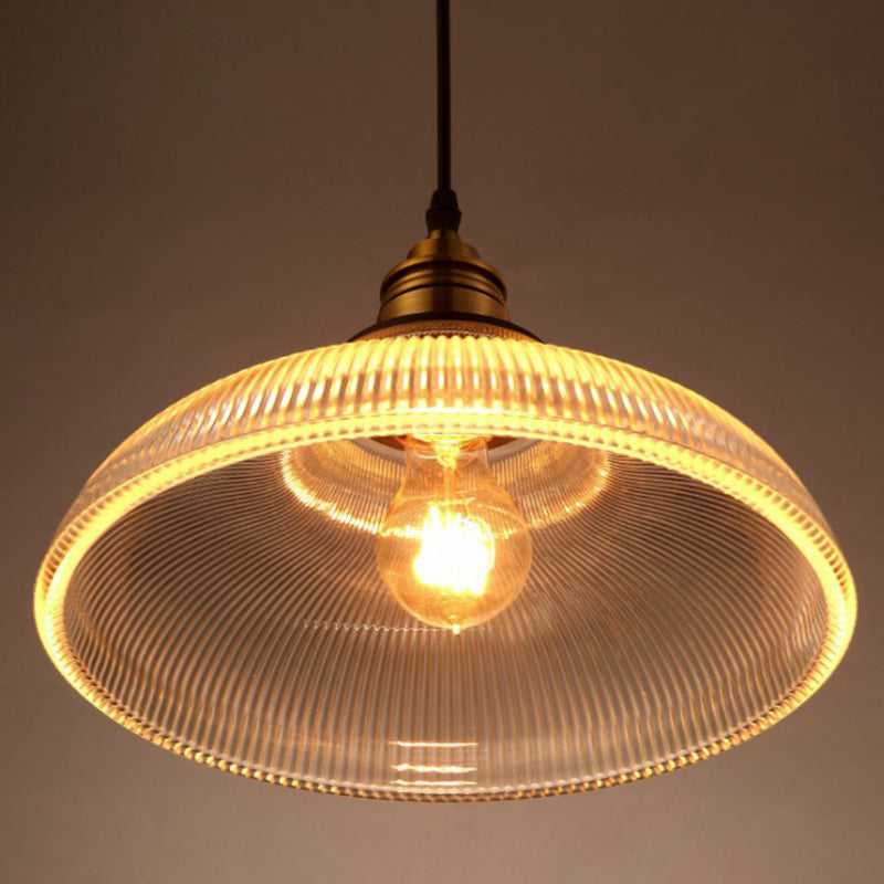 Cafe Pendant Lighting: Retro Bowl Shaped Clear Striped Glass Lamp With Brass Finish