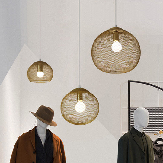 Iron Wire Pendant Light In Gold - Loft Style 1 Bulb Clothing Store Ceiling Lamp