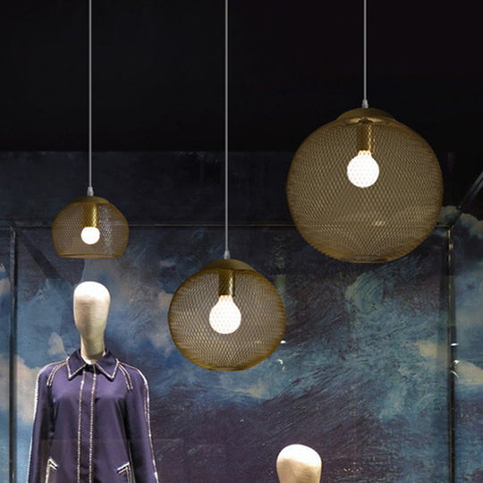 Iron Wire Spherical Pendant Light - Loft Style Ceiling Lamp in Gold for Clothing Stores - 1 Bulb Suspension.