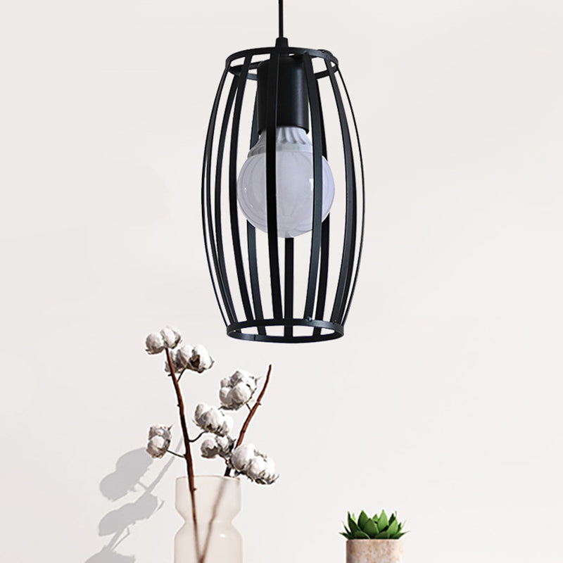 Industrial Bistro Cage Pendant Lamp - Black Barrel Shape, Hanging Lighting, Suspension Design