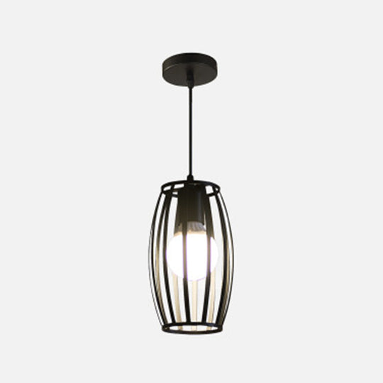 Black Barrel Shape Industrial Pendant Lamp | Bistro Cage Suspension Lighting 1 / Round