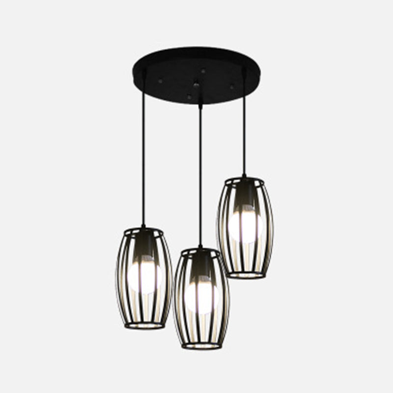 Black Barrel Shape Industrial Pendant Lamp | Bistro Cage Suspension Lighting 3 / Round