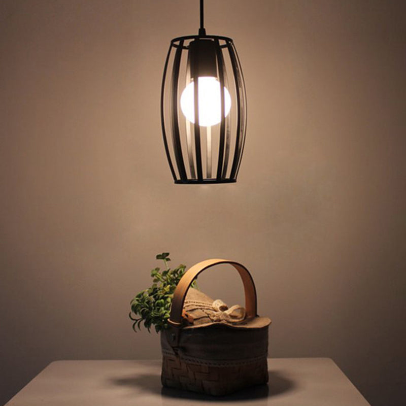 Industrial Bistro Cage Pendant Lamp - Black Barrel Shape, Hanging Lighting, Suspension Design