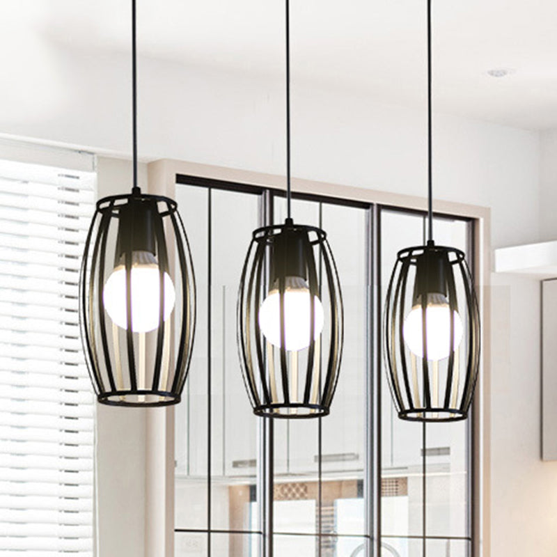 Black Barrel Shape Industrial Pendant Lamp | Bistro Cage Suspension Lighting