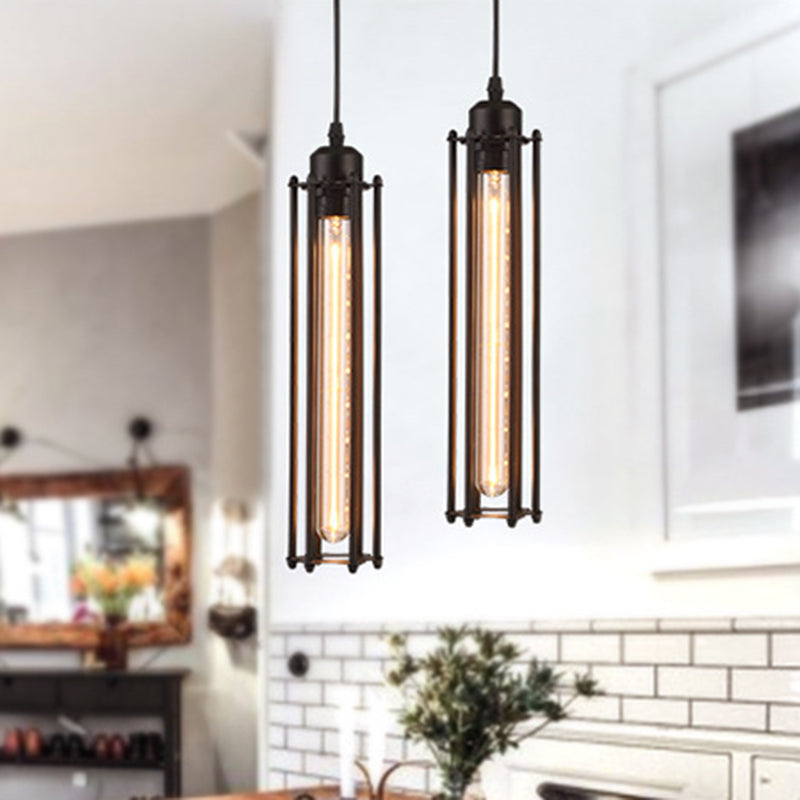 Industrial Black Iron Cage Pendant Light - 1-Bulb Cylindrical Ceiling Fixture For Bars