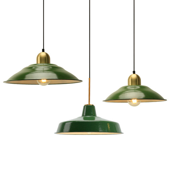 Retro Enamel Green Metal Suspension Lamp For Cafe - 1-Light Hanging Fixture