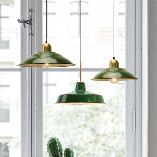 Retro Enamel Green Metal Suspension Lamp For Cafe - 1-Light Hanging Fixture