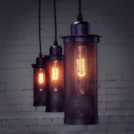 Industrial Metal Black Ceiling Hanging Lantern Pendant with Cylindrical Mesh Design - Perfect for Cafes