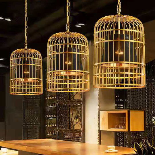 Gold Plated Birdcage Hanging Lamp - Country Metal Ceiling Light with Cone Shade