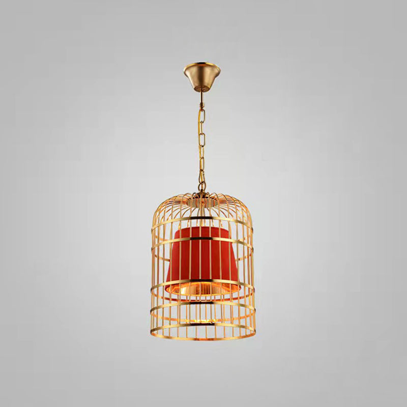 Gold Plated Birdcage Hanging Lamp - Country Metal Ceiling Light with Cone Shade