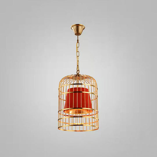 Gold Plated Birdcage Hanging Lamp Country Metal Ceiling Light With Cone Shade For Restaurants (1