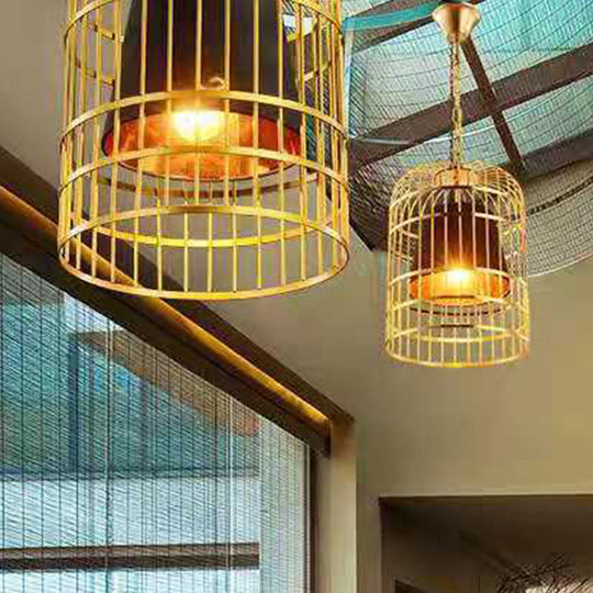 Gold Plated Birdcage Hanging Lamp - Country Metal Ceiling Light with Cone Shade