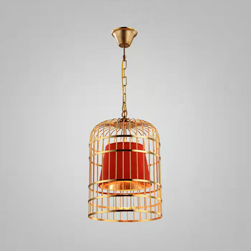 Gold Plated Birdcage Hanging Lamp - Country Metal Ceiling Light with Cone Shade