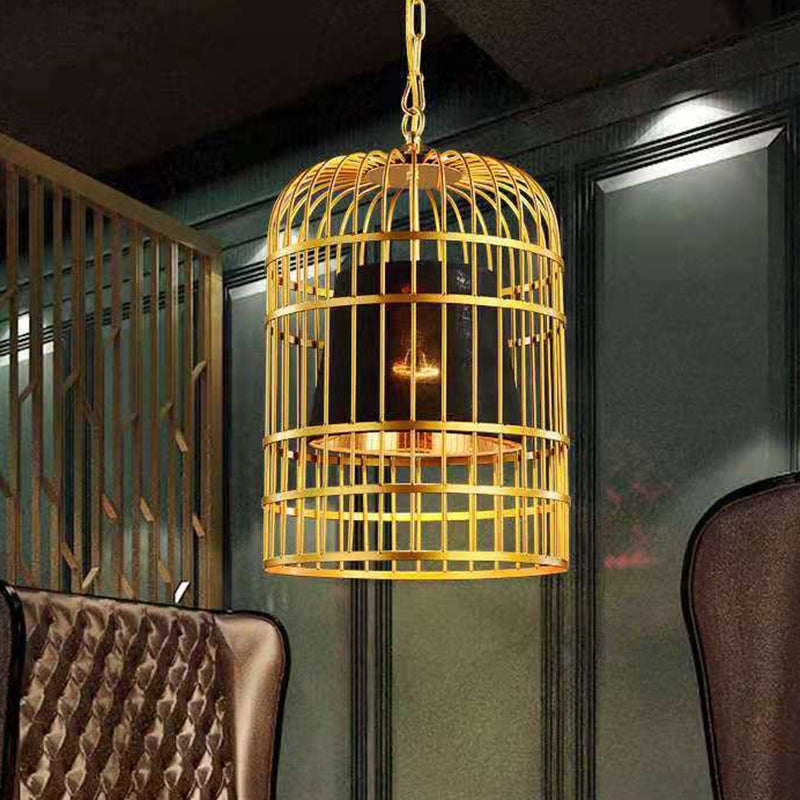 Gold Plated Birdcage Hanging Lamp - Country Metal Ceiling Light with Cone Shade