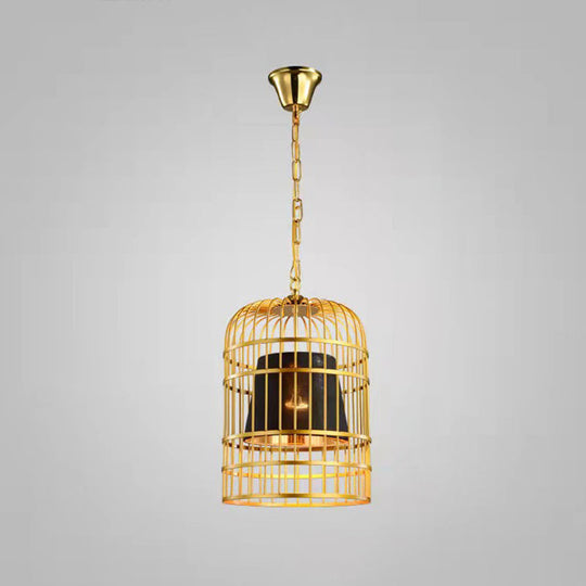 Gold Plated Birdcage Hanging Lamp - Country Metal Ceiling Light with Cone Shade