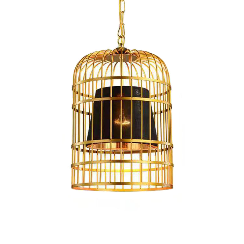 Gold Plated Birdcage Hanging Lamp - Country Metal Ceiling Light with Cone Shade