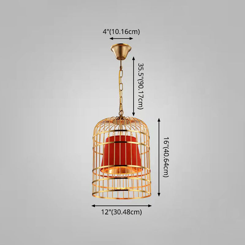 Gold Plated Birdcage Hanging Lamp - Country Metal Ceiling Light with Cone Shade