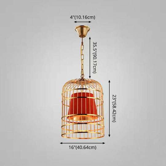 Gold Plated Birdcage Hanging Lamp - Country Metal Ceiling Light with Cone Shade